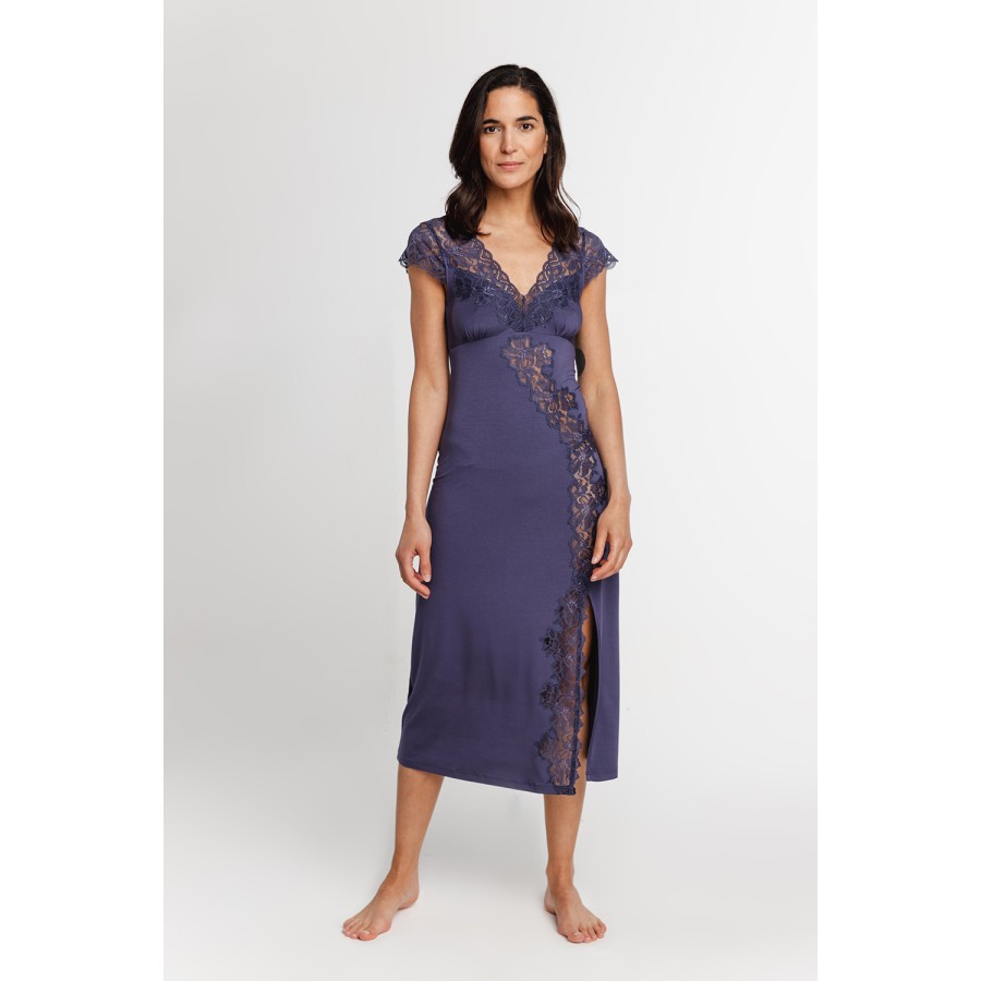 Camisón largo micromodal elastano azul lateral